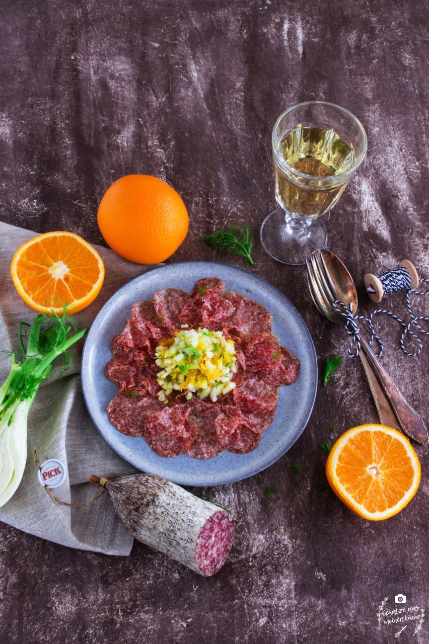 Salami Carpaccio von der PICK Original Ungarischen Salami mit Fenchel-Orangen-Tatar