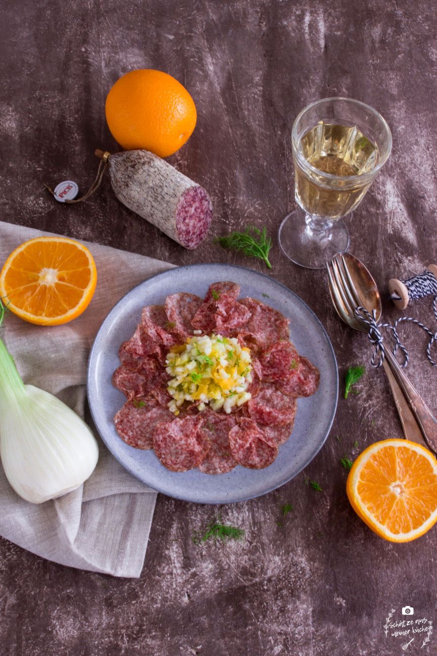 Salami Carpaccio von der PICK Original Ungarischen Salami mit Fenchel-Orangen-Tatar